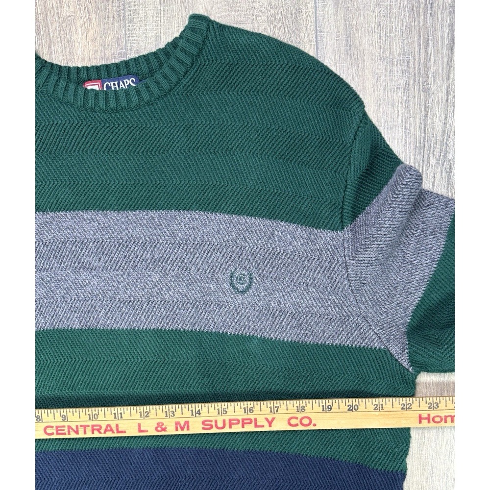 Vintage Chaps Ralph Lauren Rugby Sweater Green Gray Striped Men’s Large Crest - Picture 9 of 12